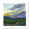 "Northern Sunset" is a 10 by 10 inch square fine art print on paper,based on an original watercolor and ink painting by Rebecca M. Fullerton. It depicts glowing yellow and orange sunset colors among purple clouds, as seen from a mountainside.