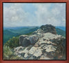 "Outcrop" is an 18 by 20 inch oil on canvas painting by Rebecca M. Fullerton. It depicts a craggy rock outcrop along the Franconia Ridge Trail between Mount Lincoln and Mount Lafayette above Franconia Notch in New Hampshire's White Mountains. Hazy mountains and clouds fill out the background.