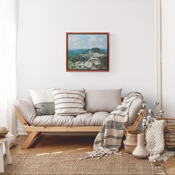 "Outcrop" is an 18 by 20 inch oil on canvas painting by Rebecca M. Fullerton. It depicts a craggy rock outcrop along the Franconia Ridge Trail between Mount Lincoln and Mount Lafayette above Franconia Notch in New Hampshire's White Mountains. Hazy mountains and clouds fill out the background.