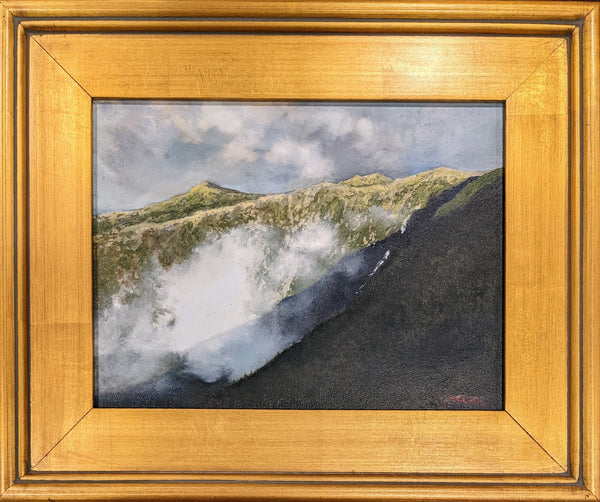 King Ravine is a massive glacial cirque on the northern slopes of the Presidential Range. On damp mornings the fog will collect in its depths before the air pushes it up and around, creating swirling masses of clouds circling the cliffs. It is truly an amazing scene to behold.  9 x 12 inch oil on panel painting.  framed in a 14 x 17 inch gold-toned, wood frame.  signed by the artist.  wired and ready to hang. 