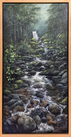 "Cold Brook Falls" is a 20 by 40 inch tall, panoramic oil painting of a gorgeous White Mountains waterfall and stream tumbling through green forests. Hear a sparkling stream rushing over river rocks in Northern New Hampshire's great wilderness when you look at this painting.
