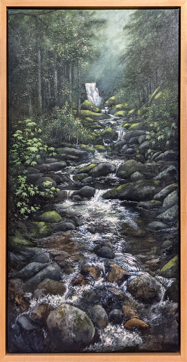 "Cold Brook Falls" is a 20 by 40 inch tall, panoramic oil painting of a gorgeous White Mountains waterfall and stream tumbling through green forests. Hear a sparkling stream rushing over river rocks in Northern New Hampshire's great wilderness when you look at this painting.