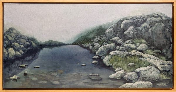 The view of surrounding mountains is obliterated during a cloudy day on New Hampshire's Mt. Washington, but it is still beautriful. This painting pays homage to the quiet, the fog, and the peace of a misty day above treeline. Original 16x32" oil on canvas painting. Framed in a 17.5 x 33.5 inch wood float frame.