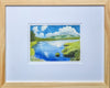 "Pondicherry Summer" is a 5 by 7 inch watercolor and ink painting by White Mountains artist Rebecca M. Fullerton, depicting Cherry Pond with Mount Martha beyond on a gorgeous summer day.