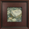 "River Rock #1" is a 6 by 6 inch framed oil on panel painting of a rock in the midst of a flowing river full of sparkles, green and blue swirls and summer light.