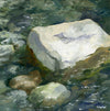"River Rock #1" is a 6 by 6 inch framed oil on panel painting of a rock in the midst of a flowing river full of sparkles, green and blue swirls and summer light.