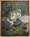 Painting of a forest stream with rocks and trees