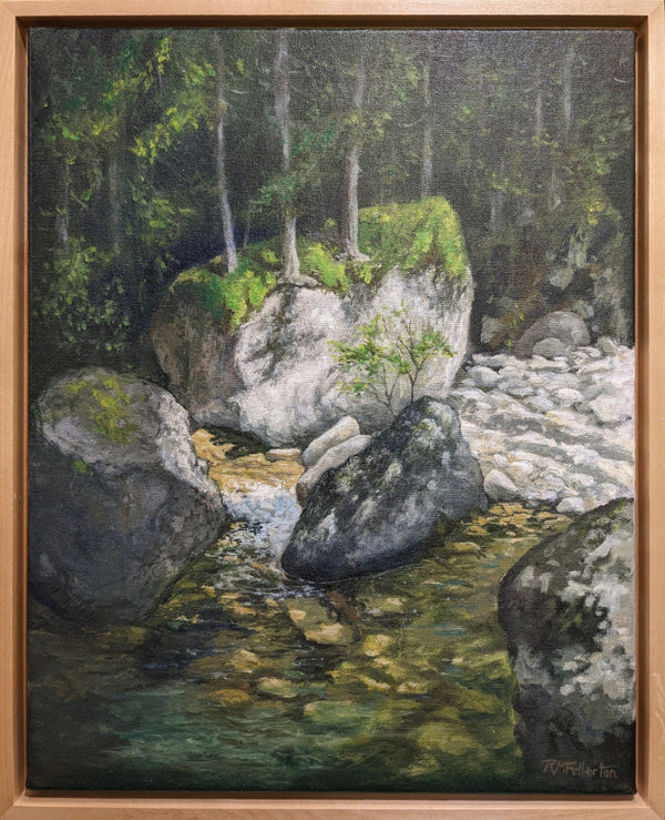 Painting of a forest stream with rocks and trees