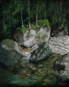 An oil painting on canvas depicting a natural rock formation with trees, streams, and sunlight in a forest setting.