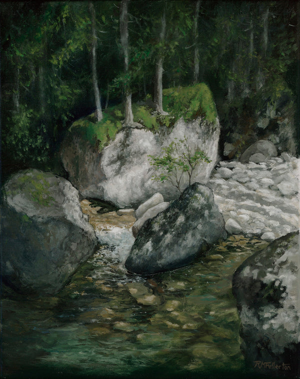 An oil painting on canvas depicting a natural rock formation with trees, streams, and sunlight in a forest setting.