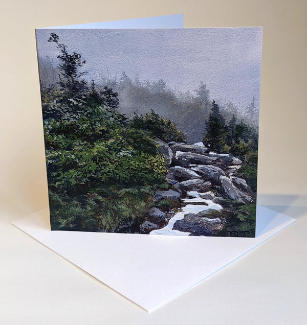 Winter comes early to these White Mountains. Many hikers find unexpected patches of snow and ice along the trails as they venture higher, away from the still autumn-like valleys. Square 5"x5" greeting cards on archival felted cardstock. Envelopes included.