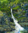 Artistic depiction of water flowing over rocks with greenery