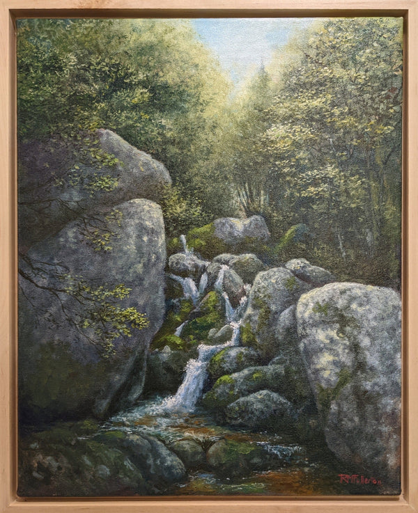 Painting of a forest scene with large rocks and a small waterfall.
