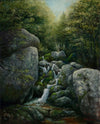 A framed oil painting on canvas depicting a tranquil forest scene with a stream and large rocks, signed by the artist.