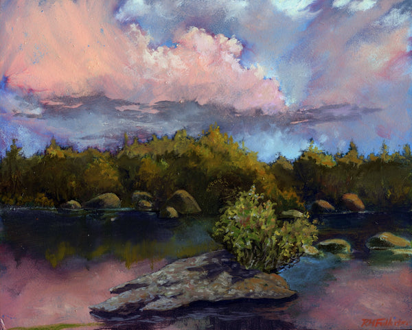 "Ethan Pond Sunset" is a framed 8 by 10 inch oil painting on panel, depicting a mountain pond with trees along its edge and rocks in the water. Pink sunset clouds are reflected in the water. Ethan Pond is in the White Mountain National Forest in New Hampshire.