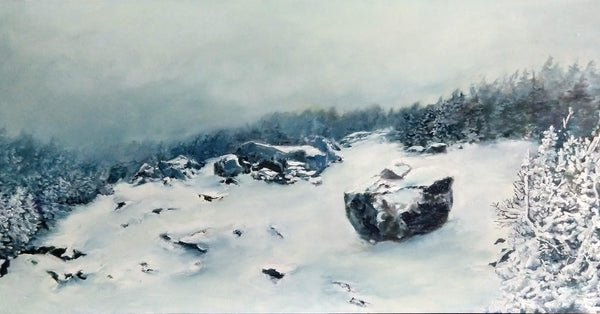 "Cold Krummholz" is an 11.75 by 23.5 inch oil on wood panel painting by Rebecca M. Fullerton, depicting the socked-in summit of North Twin Mountain in New Hampshire's White Mountains. The ground, trees and rocks are coated in snow and rime ice in this chilling winter scene.