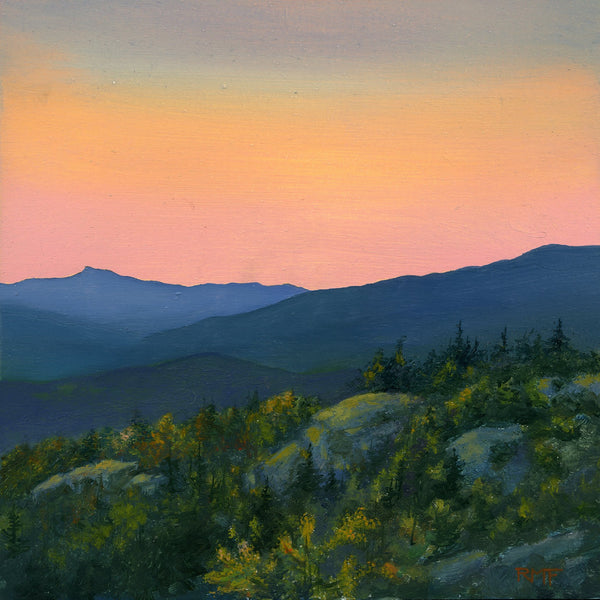 "Hunger Mountain Sunset," 5 by 5 inch square, blank greeting card with envelope.