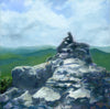 "Outcrop II" is an18 by 8 inch oil on panel painting by Rebecca M. Fullerton. It depicts a craggy rock outcrop along the Franconia Ridge Trail between Mount Lincoln and Mount Lafayette above Franconia Notch in New Hampshire's White Mountains. A lone hiker sits on top, looking out at the view.