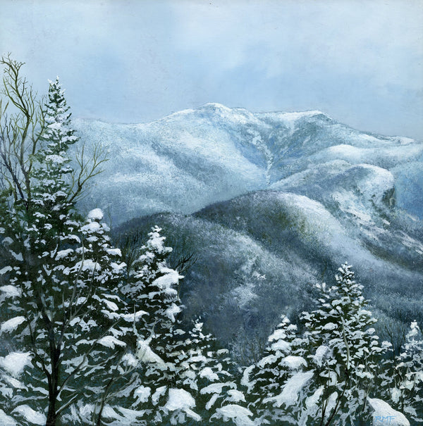 "Franconia Ridge from Artists Bluff" is a 12 by 12 inch oil on panel painting by Rebecca M. Fullerton, depicting the snowy peaks of Mount Lafayette and Mount Lincoln above Franconia Notch in the White Mountain National Forest of New Hampshire.