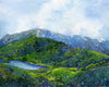 "Mount Lafayette, NH" is a 16 by 20 inch watercolor and ink painting on paper by Rebecca M. Fullerton, depicting the summit of Mount Lafayette in spring, seen from Greenleaf Hut. Bright early greens of trees coming into leaf frame the blue and purple granite rock of the summit. The clear blue waters of Eagle Lake are tucked into the foreground. Soft clouds and mist skim overhead.