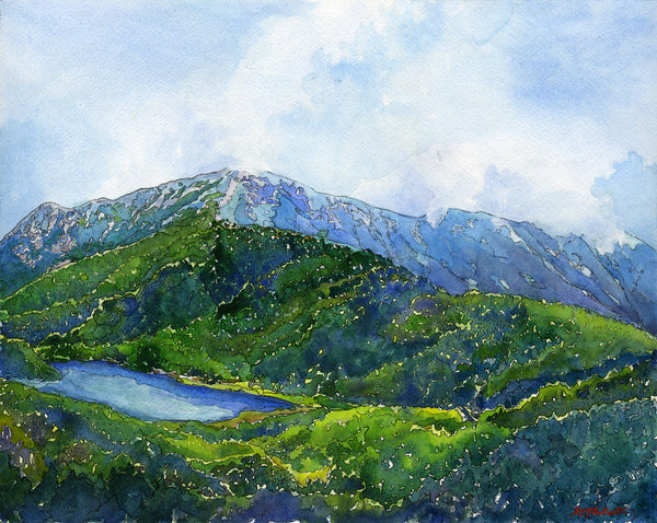 "Mount Lafayette, NH" is a 16 by 20 inch watercolor and ink painting on paper by Rebecca M. Fullerton, depicting the summit of Mount Lafayette in spring, seen from Greenleaf Hut. Bright early greens of trees coming into leaf frame the blue and purple granite rock of the summit. The clear blue waters of Eagle Lake are tucked into the foreground. Soft clouds and mist skim overhead.