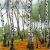 "Medawisla Birches" is a 10 by 10 inch fine art print on Hahnemühle Photo Rag paper, with a 1 inch paper border, depicting a woodstove all ready for lighting on a cold winter's night. Printed from an original painting by Rebecca M. Fullerton, depicting white birch trees among golden leaves on the edge of a misty pond.