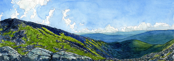 "Valley Shadows" is an 8 by 21 inch watercolor and ink painting on paper by Rebecca M. Fullerton, depicting deep blue and purple shadows in the valley below Mount Adams along New Hampshire's Presidential Range. The mountain slopes are a patchwork of green trees, grey granite and every shade in between. White, fluffy clouds float by in the distance.