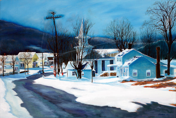 "January Thaw" is a 20 by 30 inch oil on canvas painting by Rebecca M. Fullerton, depicting a classic northeastern village in winter. A road runs down into the town where clapboard houses flank a white church with its steeple. Signs of a warm spell are evident as patches of bare ground show up and the paved road is melting out.