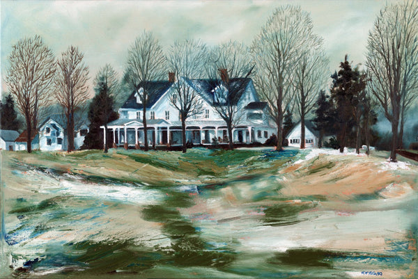 "Early Snow" is a 20 by 30 inch oil on canvas painting by Rebecca M. Fullerton, depicting a stately country inn on a field dusted with the first snow of the season. The detailed facade of the inn is flanked by delicate, bare trees, while the foreground grasses are done in abstract style using a pallet knife.