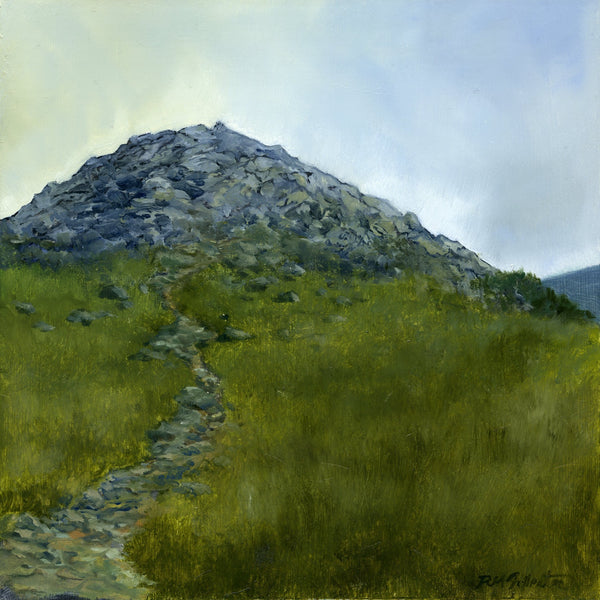 "False Summit" is a 10 by 10 inch oil on panel landscape painting by Rebecca M Fullerton, depicting a rocky promontory surrounded by sedge and alpine plants along the Presidential Range of the White Mountain National Forest in New Hampshire.