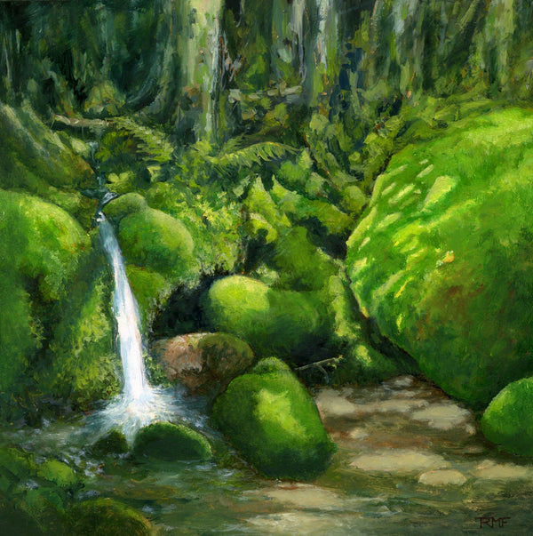 It is amazing how moss can so thoroughly coat the forest floor in some areas. This little spot was found along a trail on a hot June day. The cool of the water and moss itself was a welcome respite from the blazing sun. 12x12 inch fine art print on Hahnemühle Photo Rag; a bright white, 100% cotton rag paper with a smooth surface texture excellent color and image sharpness. Printed with a 1-inch white border, bringing the total sheet size to 14x14 inches.