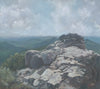 "Outcrop" is an 18 by 20 inch oil on canvas painting by Rebecca M. Fullerton. It depicts a craggy rock outcrop along the Franconia Ridge Trail between Mount Lincoln and Mount Lafayette above Franconia Notch in New Hampshire's White Mountains. Hazy mountains and clouds fill out the background.