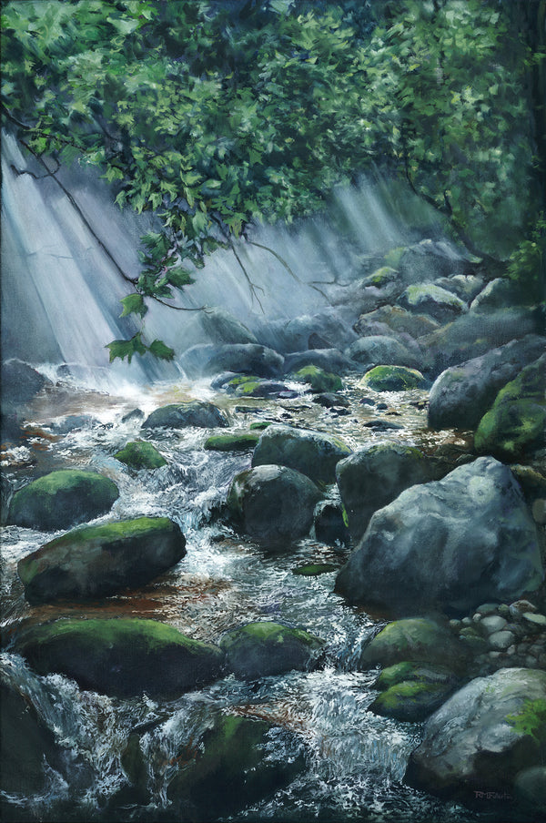 "Spring Brook After Rain," is a 20 by 30 inch oil on canvas painting by Rebecca M. Fullerton, depicting a sparkling brook running through the woods, showered with sunbeams. Spring Brook tumbles down from Mount Whiteface to Ferncroft, a tiny unincorporated community lying mostly in the town of Albany, New Hampshire. This particular stretch of the brook lies within the White Mountain National Forest.