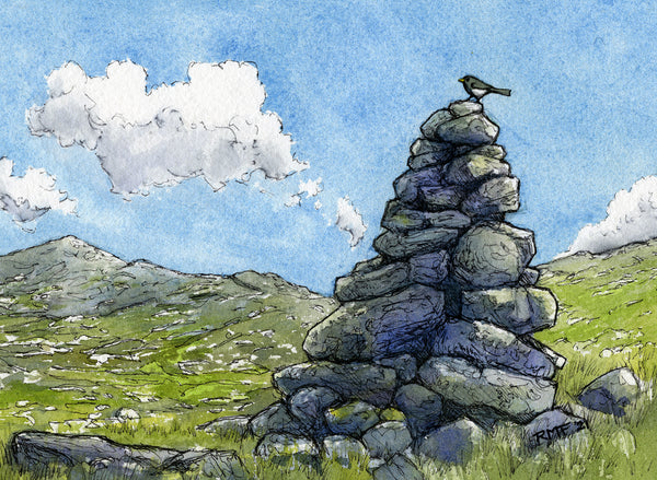 "Alpine Daydream" is a 5 by 7 inch watercolor and ink painting on paper by Rebecca M. Fullerton, depicting a large rock cairn on a mountain ridge. A tiny bird is perched on top of the cairn.