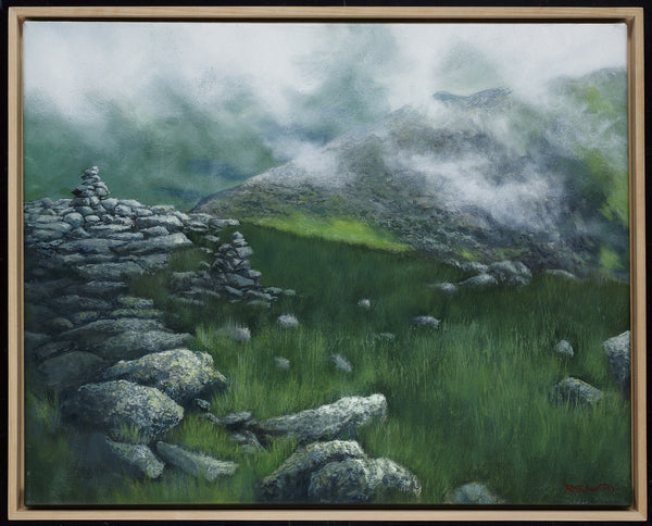 "Gulfside Ramble" is a 16 by 20 inch oil on canvas painting depicting mist and clouds drifting over mountain ridges. A lone rock cairn marks a trail winding over the range. This is a view along the Presidential Range in New Hampshire's White Mountains.