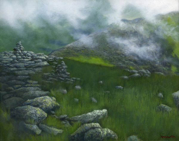 "Gulfside Ramble" is a 16 by 20 inch oil on canvas painting depicting mist and clouds drifting over mountain ridges. A lone rock cairn marks a trail winding over the range. This is a view along the Presidential Range in New Hampshire's White Mountains.