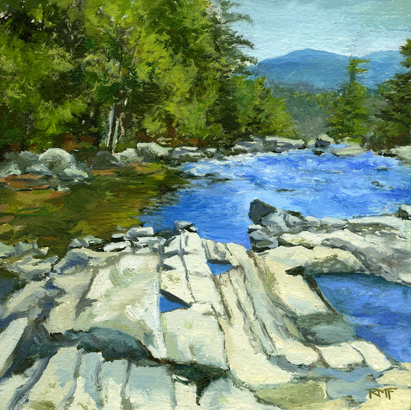 "Jackson Falls" is an 8 by 8 inch oil on panel painting by Rebecca M. Fullerton depicting rock ledges and clear, reflective pools as seen at Jackson Falls in Jackson, New Hampshire.