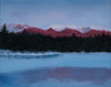 "Lost Pond Alpenglow" is a framed 16 by 20 inch oil on canvas painting by Rebecca M. Fullerton, depicting the light of dawn turning Mount Washington and Tuckerman Ravine a glowing pink color, as seen from the shore of Lost Pond in Pinkham Notch, New Hampshire.