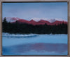 "Lost Pond Alpenglow" is a framed 16 by 20 inch oil on canvas painting by Rebecca M. Fullerton, depicting the light of dawn turning Mount Washington and Tuckerman Ravine a glowing pink color, as seen from the shore of Lost Pond in Pinkham Notch, New Hampshire.