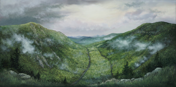 "Mount Willard, Spring" is a 20 by 40 inch framed oil on canvas painting by Rebecca M. Fullerton depicting the view over Crawford Notch from Mount Willard in the heart of New Hampshire's White Mountains.