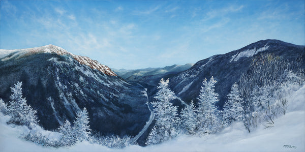 "Mount Willard, Winter" is a 20 by 40 inch framed oil on canvas painting by Rebecca M. Fullerton depicting the view over Crawford Notch from Mount Willard in the heart of New Hampshire's White Mountains.