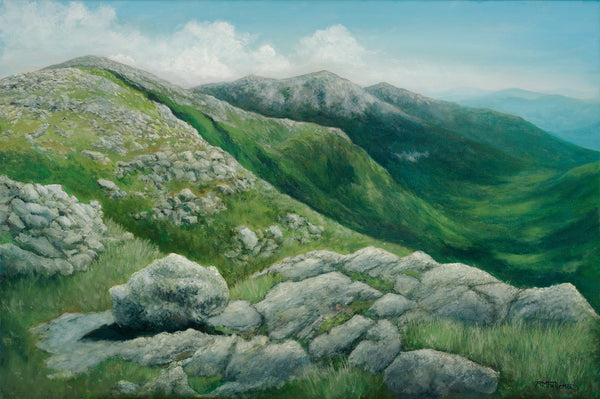 Gorgeous oil painting of the Gulfside Trail, a challenging but rewarding hiking path that traverses the Presidential Range in New Hampshire's White Mountains. The painting depicts a vast expanse of alpine terrain, with jagged peaks and rocky ridges stretching into the distance. The artist's use of color and light captures the beauty and ruggedness of the White Mountains, and the painting is sure to evoke a sense of wonder and awe in viewers.