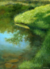 Grasses, bluets, the reflection of trees, stones underwater. Even a tiny segment of shoreline can be a captivating composition. Just add a ray of sunlight and you have a perfect summer day by the water in miniature.  This is a 9 x 12 inch oil on panel painting framed in a 14 x 17 inch gold-toned wood frame, signed by the artist, wired and ready to hang.
