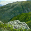 6x6 inch oil on canvas painting of White Mountains scenery. This intimate and awe-inspiring painting captures the beauty of the White Mountains in muted colors and soft brushstrokes. The crisscrossing ridges of the mountains create a sense of depth and complexity, while the minimalist frame adds to the calming and serene atmosphere. A perfect addition to any home or office, this painting is wired and ready to hang.