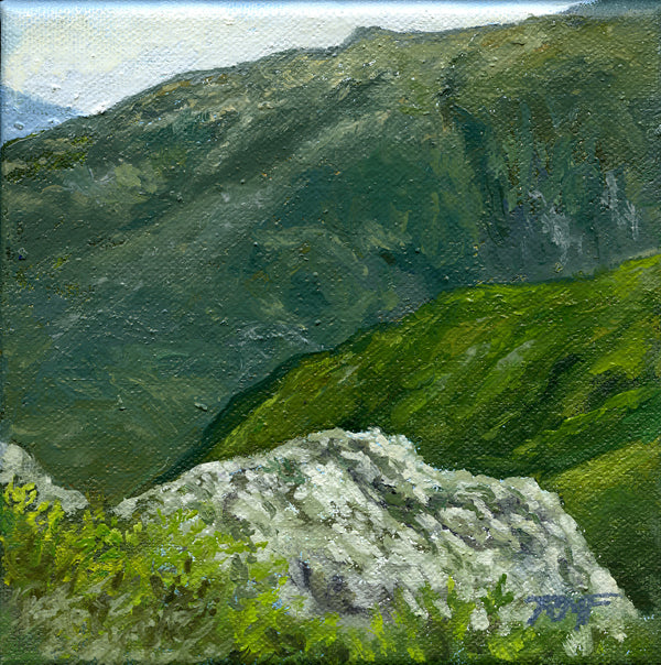 6x6 inch oil on canvas painting of White Mountains scenery. This intimate and awe-inspiring painting captures the beauty of the White Mountains in muted colors and soft brushstrokes. The crisscrossing ridges of the mountains create a sense of depth and complexity, while the minimalist frame adds to the calming and serene atmosphere. A perfect addition to any home or office, this painting is wired and ready to hang.