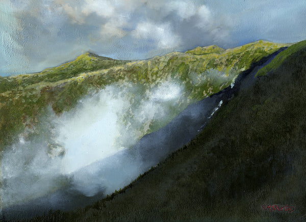 King Ravine is a massive glacial cirque on the northern slopes of the Presidential Range. On damp mornings the fog will collect in its depths before the air pushes it up and around, creating swirling masses of clouds circling the cliffs. It is truly an amazing scene to behold.  9 x 12 inch oil on panel painting.  framed in a 14 x 17 inch gold-toned, wood frame.  signed by the artist.  wired and ready to hang. 