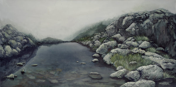 The view of surrounding mountains is obliterated during a cloudy day on New Hampshire's Mt. Washington, but it is still beautriful. This painting pays homage to the quiet, the fog, and the peace of a misty day above treeline. Original 16x32" oil on canvas painting. Framed in a 17.5 x 33.5 inch wood float frame.