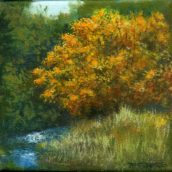 "Orange Crush" is a 6 by 6 inch oil on canvas painting depicting a bright orange tree along a river's edge in autumn.