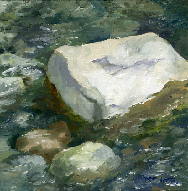"River Rock #1" is a 6 by 6 inch framed oil on panel painting of a rock in the midst of a flowing river full of sparkles, green and blue swirls and summer light.