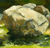 "River Rock #2" is a 6 by 6 inch framed oil on panel painting of a rock in the midst of a flowing river full of sparkles, green and blue swirls and summer light.